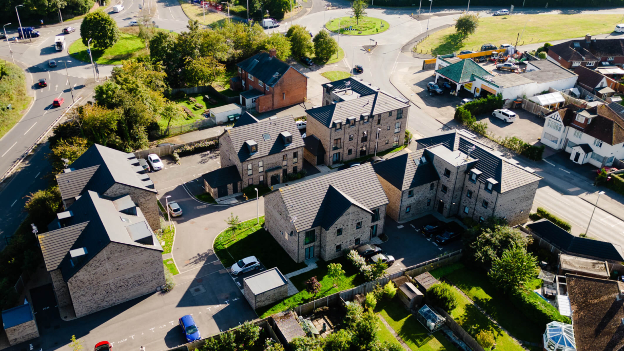 Aerial view of neighbourhood of houses on a sunny day