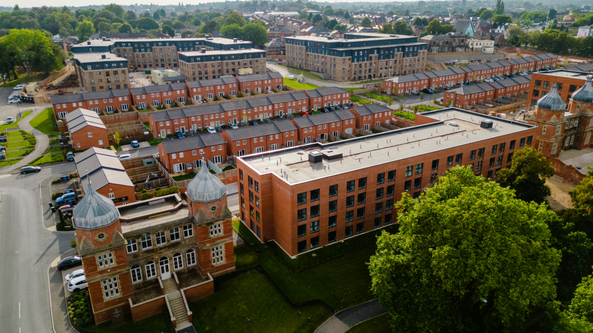 Aerial view of Derby community houses on a sunny day