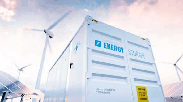 Lithium ion battery in front of wind farm